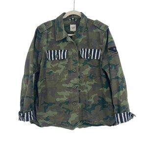 GAP Womens Size L Green Camo Military Utility Jacket Pockets Button Front